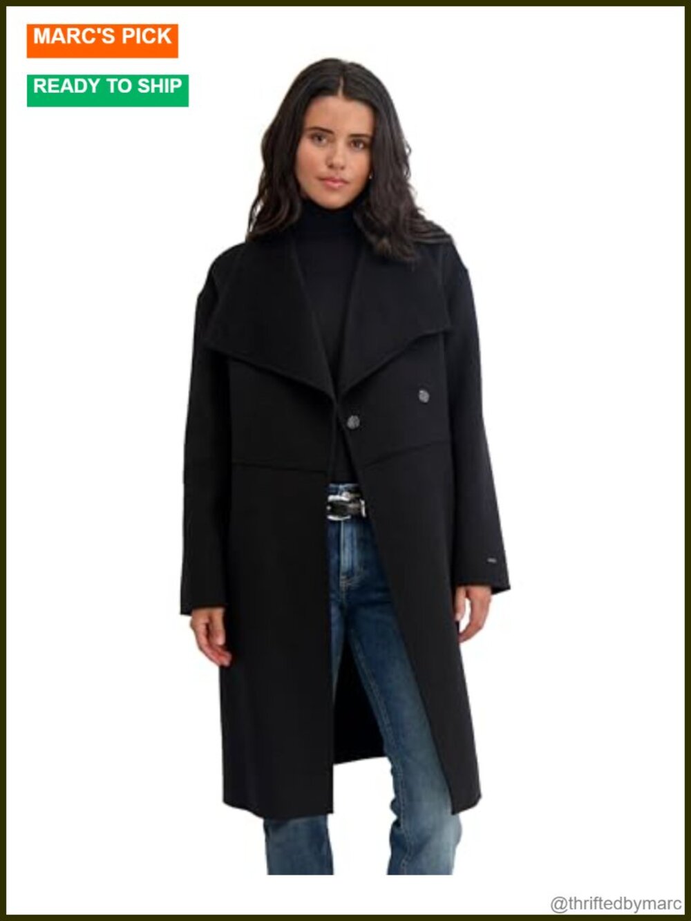 Wool Blend Long Overcoat with Wing Collar and Snap Closure